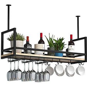 Hangende Opbergrekken Zwart, Plafond Wijnglasrekken, IJzeren Massief Houten Wijnrek, Zwevende Planken Voor Keukenbar-restaurant, Met Vangrail/Lengte 31,4/39,3/47,2 In (Size : 100 * 30 * 60cm)