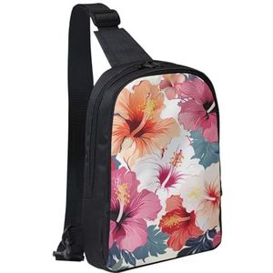 Sling Bag voor Vrouwen Mannen Crossbody Tas Mode Heuptas Hawaiiaanse bloemenprint Borsttas Verstelbare Fanny Pack, Zwart, One Size, Zwart, Eén maat