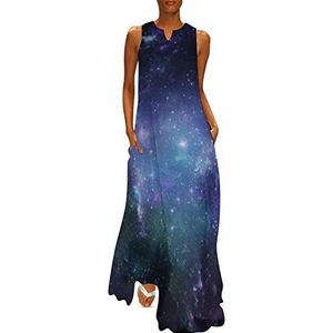 Blauw Paars Galaxy dames enkellengte jurk slim fit mouwloze maxi-jurken casual zonnejurk 4XL