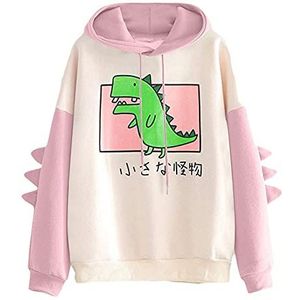 Vrouwen Dinosaurus Hoodie Sweatshirt Lange Mouw Leuke Kawaii Dino Hoodie Truien Crop Top Cartoon Gedrukt Kleding Meisjes Tiener Kleding Streetwear Zomer (Kleur: Apink, Maat: XXL)