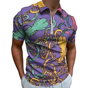Kleurrijke Octopus Polo Shirt voor Mannen Casual Rits Kraag T-shirts Golf Tops Slim Fit