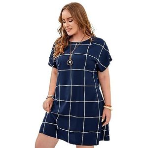 voor vrouwen jurk Plus jurk met vleermuismouwen en ruitenprint (Color : Navy Blue, Size : XL)