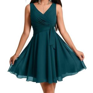 WSEYU Chiffon bruidsmeisjesjurk voor dames, met riem, galajurken, plooien, cocktailjurk, grote maten, Turkoois, 40