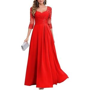 KIYNE Dames kanten applicatie chiffon moeder van de bruid jurken met mouwen V-hals geplooide avond formele jurk, Rood, 32