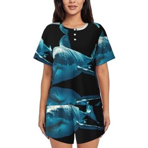 YQxwJL Blauwe Haai Print Vrouwen Pyjama Sets Shorts Korte Mouw Lounge Sets Nachtkleding Casual Pjs Met Zakken, Zwart, XL