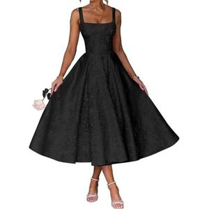 AHERKLL Spaghetti Bandjes Bruidsmeisjes Jurken Bloemen Satijn Jacquard Formele Avond Feest Maxi Jurk Thee Lengte HAH047, Zwart, 32
