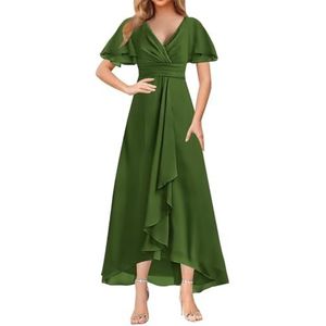WSEYU Korte Mouw Moeder Van De Bruid Bruidegom Jurken Chiffon Kralen Formele Avond Grootmoeder Jurken Thee Lengte ZM203, Olijfgroen, 32