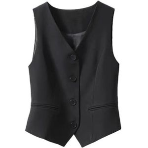 LSFYYDS Damesvest Mouwloze Blazer, Elegante Slanke Button-Down Werkkantoorvestjas Retro Feestvest, V-Hals Economy Chic Pakvest, Zwart,L