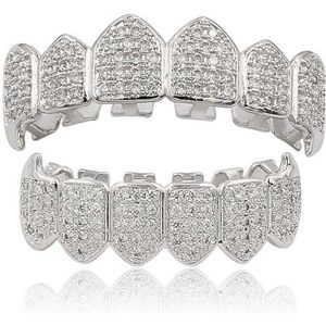 Regenboog Multi Color Grillz Tanden, 18K Vergulde Bovenkant Onderkant Kap Iced Out Fangs Mondgrills set Fancy(Silver)