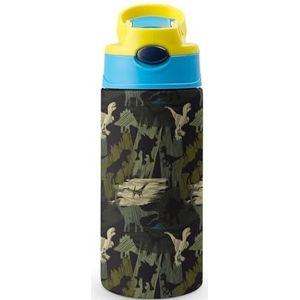 Camouflage Dino Patroon 12oz Waterfles met Stro Koffie Tumbler Water Cup Rvs Reizen Mok Voor Vrouwen Mannen Blauwe Stijl