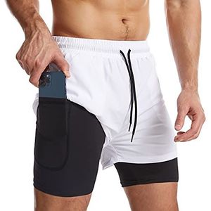 Danfiki Sportshorts 2-in-1 voor mannen, ademend, met zakken, sneldrogende sportbroek met zak, sportlegging, Base Layer Stretch, Wit., S