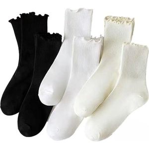 YUNYU 6 paar damessokken met ruches - zachte katoenen sokken met ronde hals en ademend en gebreid, premium cadeauset, Zwart, Wit, Gebroken wit, One Size