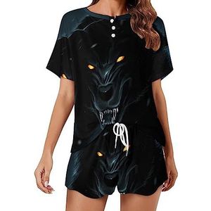 Zwarte wolf mode 2 stuks dames pyjama sets korte mouw nachtkleding zachte loungewear stijl-23