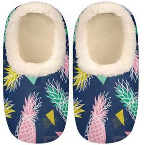 Huispantoffels met ananas met geometrisch patroon voor dames en heren, antislip huispantoffels, pluche gevoerde pantoffels schoenen voor jongens meisjes tieners binnen slaapkamer (marineblauw), Ananas