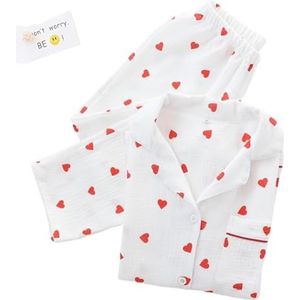 Pyjamaset met hartprint, katoenen pyjamaset, schattig shirt met lange mouwen en button-down shirt met hartprint en lange broek,Wit,M