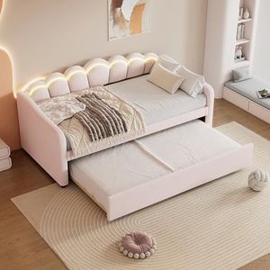 YuQozii Dagbed, 90 x 200 cm, dagbed met uittrekbaar bed, slaapbank, eenpersoonsbed (zonder matras), fluweel, omgevingslicht, kleurveranderend, afstandsbediening, minimalistische styling (roze)