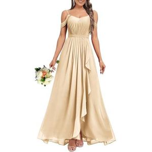 HPPEE Dames V-hals koude schouder bruidsmeisjes jurken met split ruches chiffon formele avondjurk, Champagne, 32