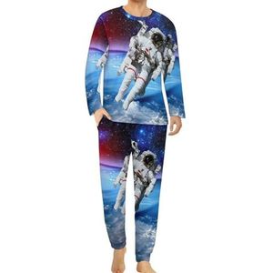 Ruimte Astronaut Aarde Maan Comfortabele Heren Pyjama Set Ronde Hals Lange Mouw Loungewear met Zakken 5XL