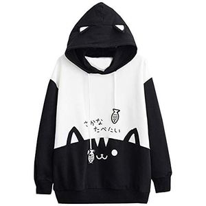 Leuke Kitty Kat Gezicht Sweatshirts Kawaii Womens Casual Lange Mouw Hooded Top Kat Print Hoodie Oren Top Shirt, Zwart, XL