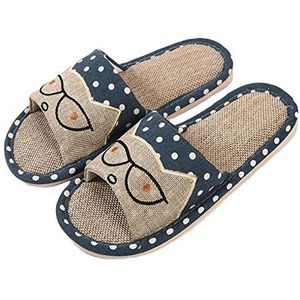 APIKA Linnen Paar Thuis Slippers Japanse Stijl Kinderplezier Cartoon Slippers Ademend Antislip Bodem Licht Cadeau met Liefde (44/45 EU, Marine blauw)