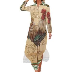 Decoupage Print Haan Maxi-jurk voor dames, lange mouwen, knoopsluiting, casual feestjurk, lange jurk, L