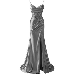 YIANN Satijnen baljurk met spaghettibandjes voor dames, met split, kant, applicatie, zeemeermin, lange baljurk, formele jurk, Grijs, 32