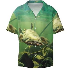 OdDdot Onderwater meerval print heren button down shirt korte mouw casual shirt voor mannen zomer business casual overhemd, Zwart, 4XL