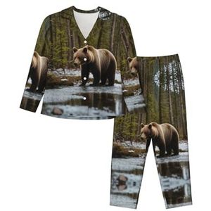 Kfjghhl Witte Beer Bruin Beer Pyjama Set Vrouwen Zachte Twee Stukken Pj's Sets Lange Mouw Tops Plaid Broek Nachtkleding Zakken, Zwart, S