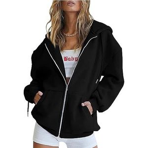 NOWLIN Sweatshirt met ritssluiting voor dames, oversized sweatshirt, casual jack met trekkoord en zakken, Zwart, XL