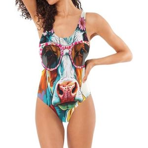 Klassiek eendelig badpak voor dames, koe met bloemendecoratie en bril, witte U-vormige rug buikcontrole, Bloem Koe Wit, S