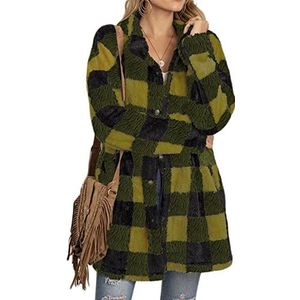 Sawmew Damesfleeceshirt flanellen geruite jas lange mouw herfst winter warme geruite topmode klassiek shirt (Color : Green, Size : XXL)