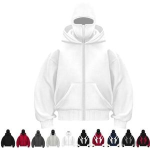 Balaclava Hoodie Rits, Winter Windbestendig Heren Hoodies Bivakmuts Dubbele Capuchon Fleece Ritsjack Met Masker(Wit,S)