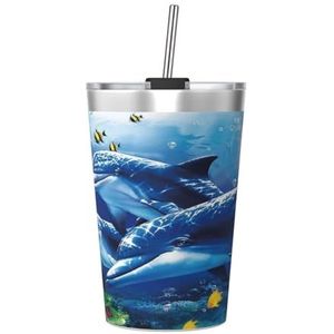 BeNtli 12oz Mok, Geïsoleerde Tumbler met Conisch Stro, Koffie Cup Auto Cup Reizen Fles, Marine Life Blue Sea World Coral Dolphin