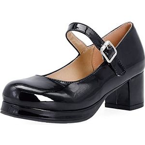 TABKER Lederen instappers vrouwen vrouwen gesp comfortabel platform dikke hoge hak pompen zoete jurk schoenen (kleur: zwart, maat: 6)
