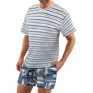 sesto senso Korte katoenen zomerpyjama voor heren, korte mouwen, nachtkleding, tweedelige set, T-shirt - gestreept; broek - donkerblauw met krokodil, L