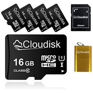 Cloudisk 5 Pack Micro Sd-kaart 16 GB Klasse 10 met MicroSD Adapter + Kaartlezer 16 GB Geheugenkaart Groothandel