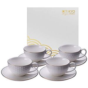 TOKYO Design Studio Nippon White Set van 4 witte kopjes met schoteltjes, met gouden rand, Ø 9 cm, 5,6 cm hoog, 180 ml, Aziatisch porselein, Japans design, incl. geschenkverpakking