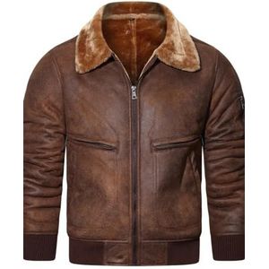 Warme Fleece PU Jas, Mannen Casual Effen Kleur Zip Up Revers Faux Lederen Jas Voor Herfst Winter, Bruin, 42