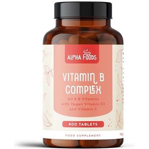 Vitamine B-complex | 400 zeer effectieve veganistische tabletten (1 jaar + voorraad) | Alle 8 B-vitaminen B1-B2-B5-B6-B12, biotine, foliumzuur, Vit C & D3 | Energieboost en immuunondersteuning | Alpha