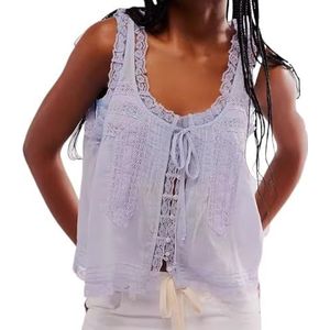 Strik vooraan Top Coquette Strik Linnen Shirt Linnen Strik Strik Vooraan Tanktop Ruffle Kant Blouse(Purple,L)