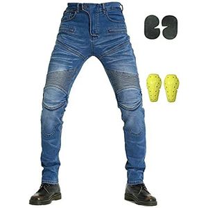 Heren motorbroek, motorbroek, stretch biker jeansbescherming tourbroek met gewatteerde pantser, zware cargobroek met zakken (blauw, S)
