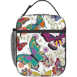 RLDOBOFE Witte Bloemen Patroon Kleurrijke Vlinders Print Lunch Tas Geïsoleerde Waterdichte Tote Bag Cooler Lunch Box Voor Werk Kantoor Picknick Wandelen