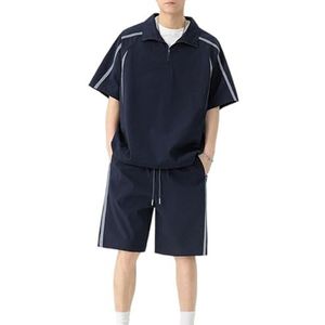 Anybird Zomeroutfits voor heren Poloshirt met korte mouwen en korte broek met kwartrits Set 2-delig trainingspak,Blauw,3XL