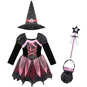 Heksenhoed Meisjes Halloween Witch Costume Sparkly Zilveren Sterren Printed Carnaval Cosplay Jurk met spitse hoed Wand Dress Up Clothes Heksenhoed Met Spin (Size : 100cm)