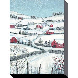 1art1 Sneeuw Landschappen Poster Kunstdruk Op Canvas Winter Hill With Red Houses, Janet Bell Muurschildering Print XXL Op Brancard | Afbeelding Affiche 40x30 cm
