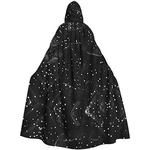 Bxzpzplj Zwart wit glitter print capuchon mantel voor mannen en vrouwen, volledige lengte Halloween maskerade cape kostuum, 185 cm