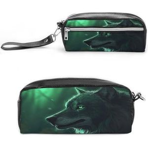 MNVTSKOP Groene Wolf Make-uptas Kleine Cosmetische Reistas Draagbare Briefpapier Organizer voor Vrouwen Leraar