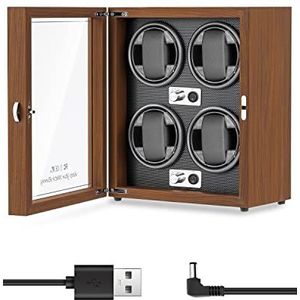 Mxmoonant Automatische Watch Winder voor 2/3/4 Horloges 5 Rotatie Modi met Stille Motor USB Aangedreven met LED Licht Stille en Elegante Horloge Winder Box Horloge Opslag, Bruin