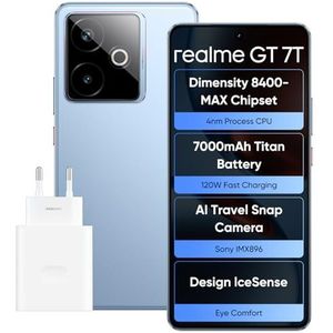 realme GT 7T Smartphone, 5G Dual SIM, 12 GB RAM, 256 GB ROM, 6.8 Inch AMOLED-Scherm, Dimensity 8400-MAX Chipset, 7000 mAh Titanium Batterij, AI Travel Snap-Camera, Blauw (Adapter Inbegrepen)
