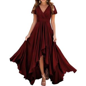 Dames chiffon bruidsmeisjes jurken met split lange galajurken ruches cocktailjurk plus size, Bordeaux, 32